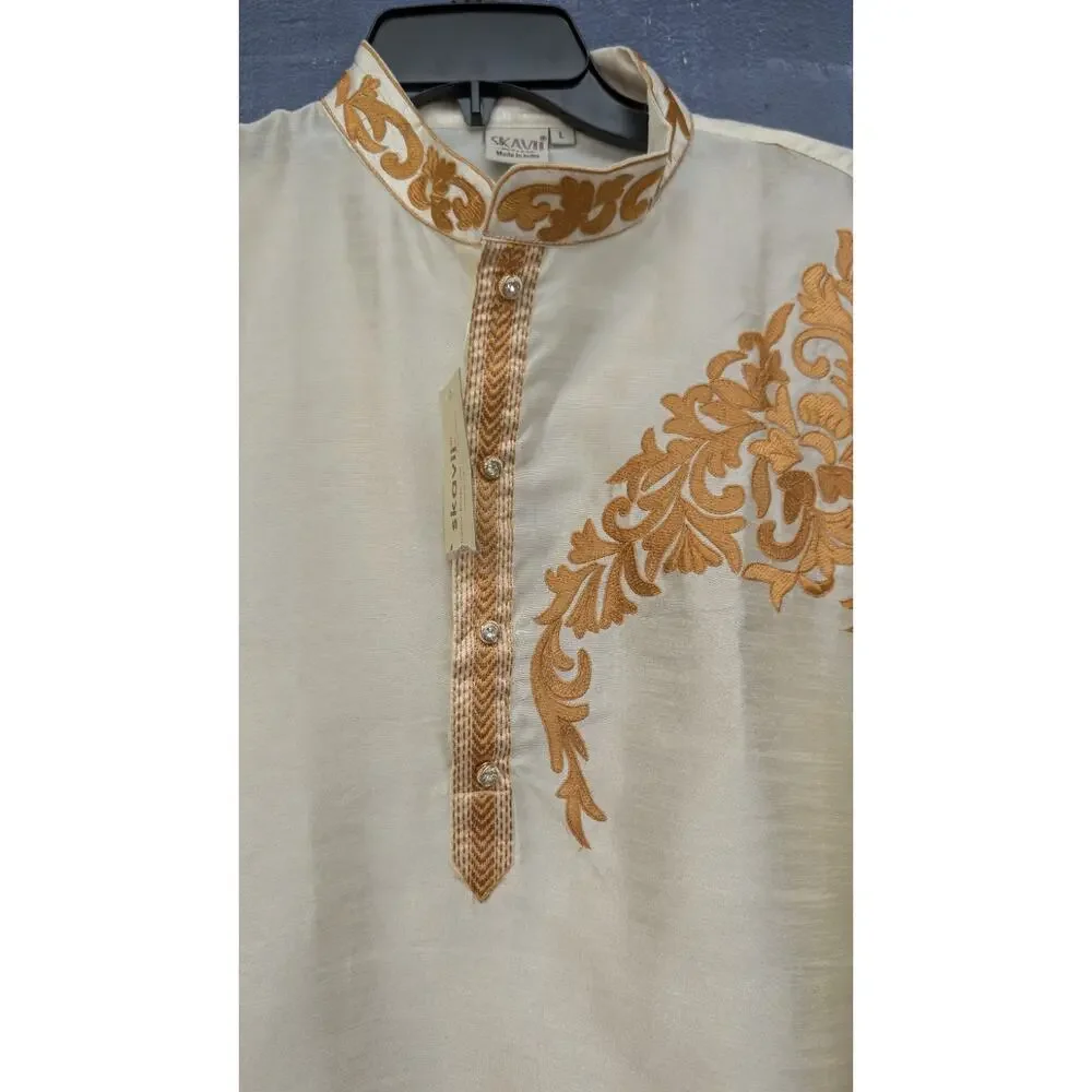 Skaviji Men's Cream Embroidered Kurta Tunic Size Large Authentic Ethnic Wear NWT